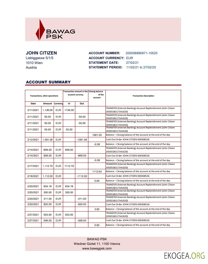 Relevé bancaire Autriche BAWAG PSK modèle facile à remplir au format Excel et PDF
